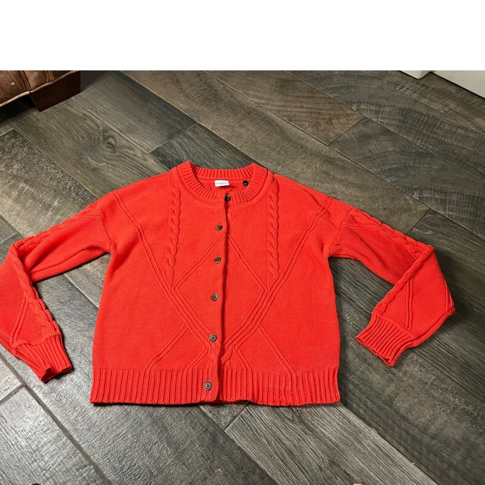 Cabi Red Orange Cable Knit Button Front Cardigan Sweater Size M Crew Neck